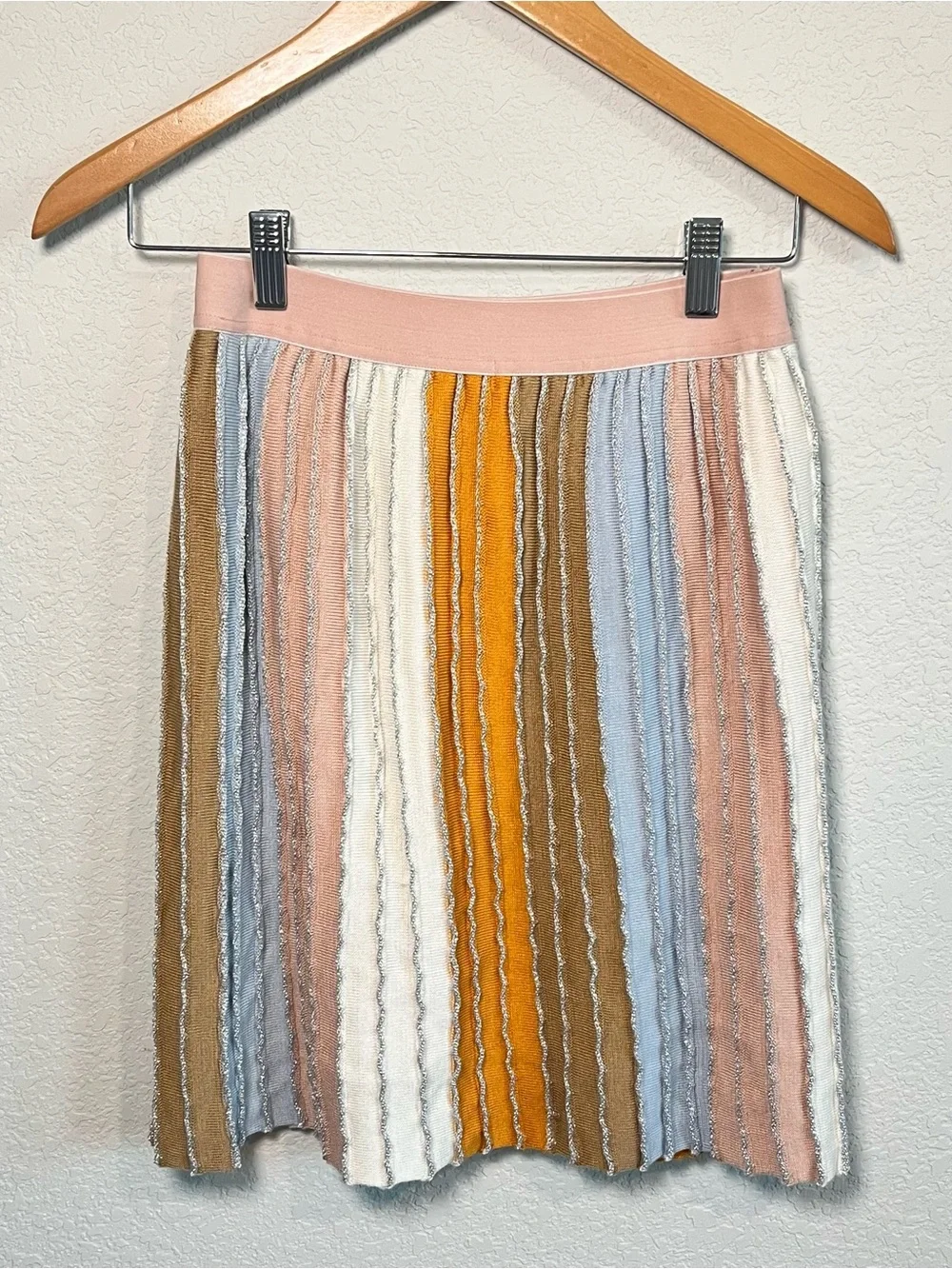 Eva Franco Anthropologie Pastel Striped Knit Mini Skirt Metallic Pinstripes